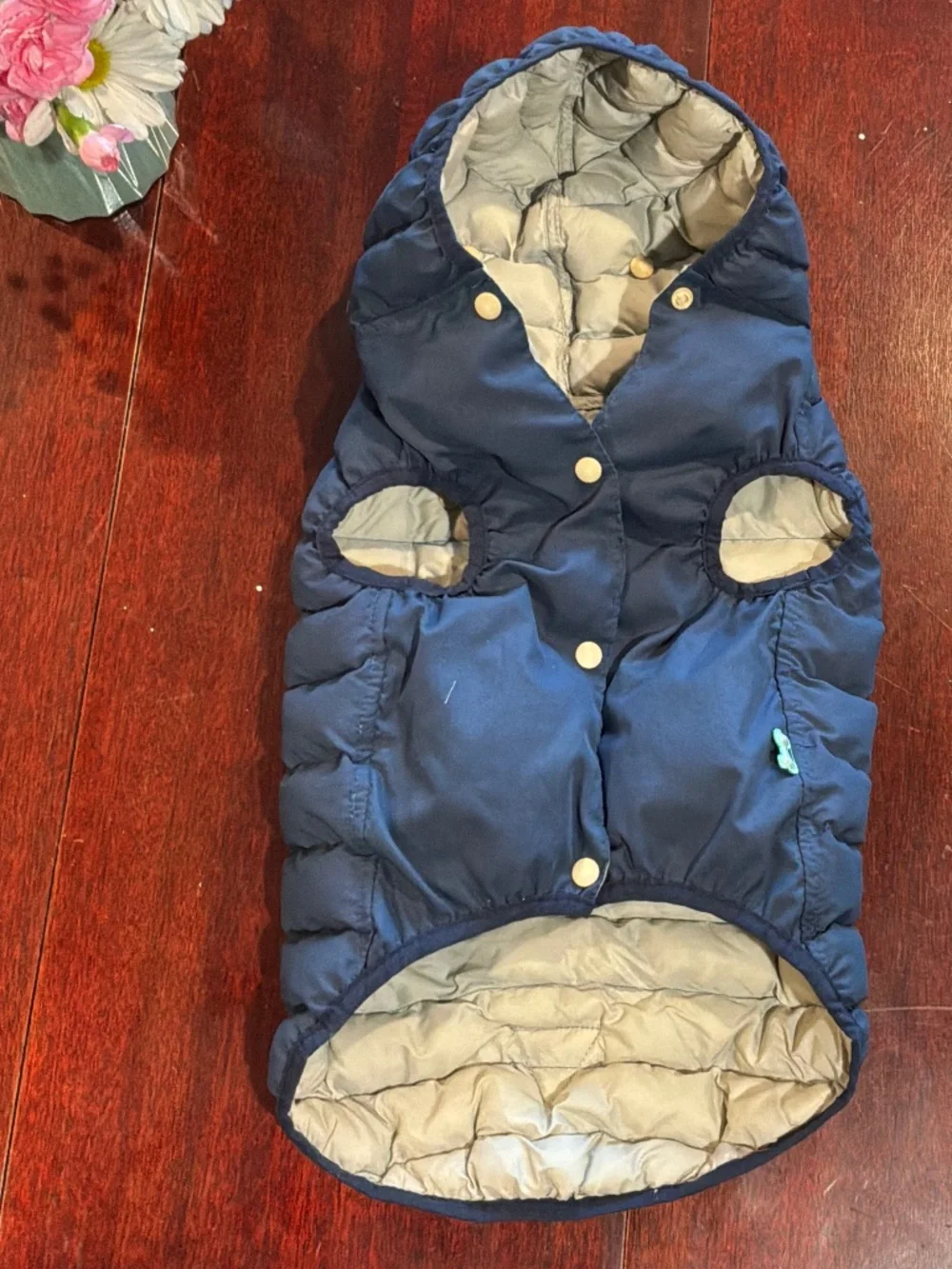 Light Dog Puffer Coat in Blue with Hood Snap Closure